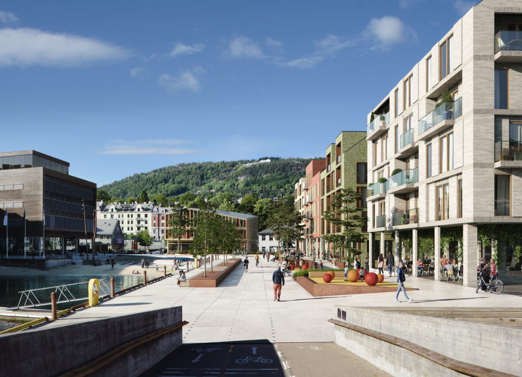 Visualisering Marineholmen. Bystranden til venstre, promenade i midten og bolig/næringsbygg til høyre.