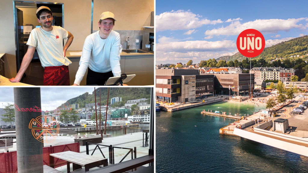 Bildekollasje som viserhvor UNO pizza er plassert i BI-bygget på Marineholmen, interiør fra restauranten og daglig leder Kim Fagerheim sammen med medarbeider Nikai Scicluna.