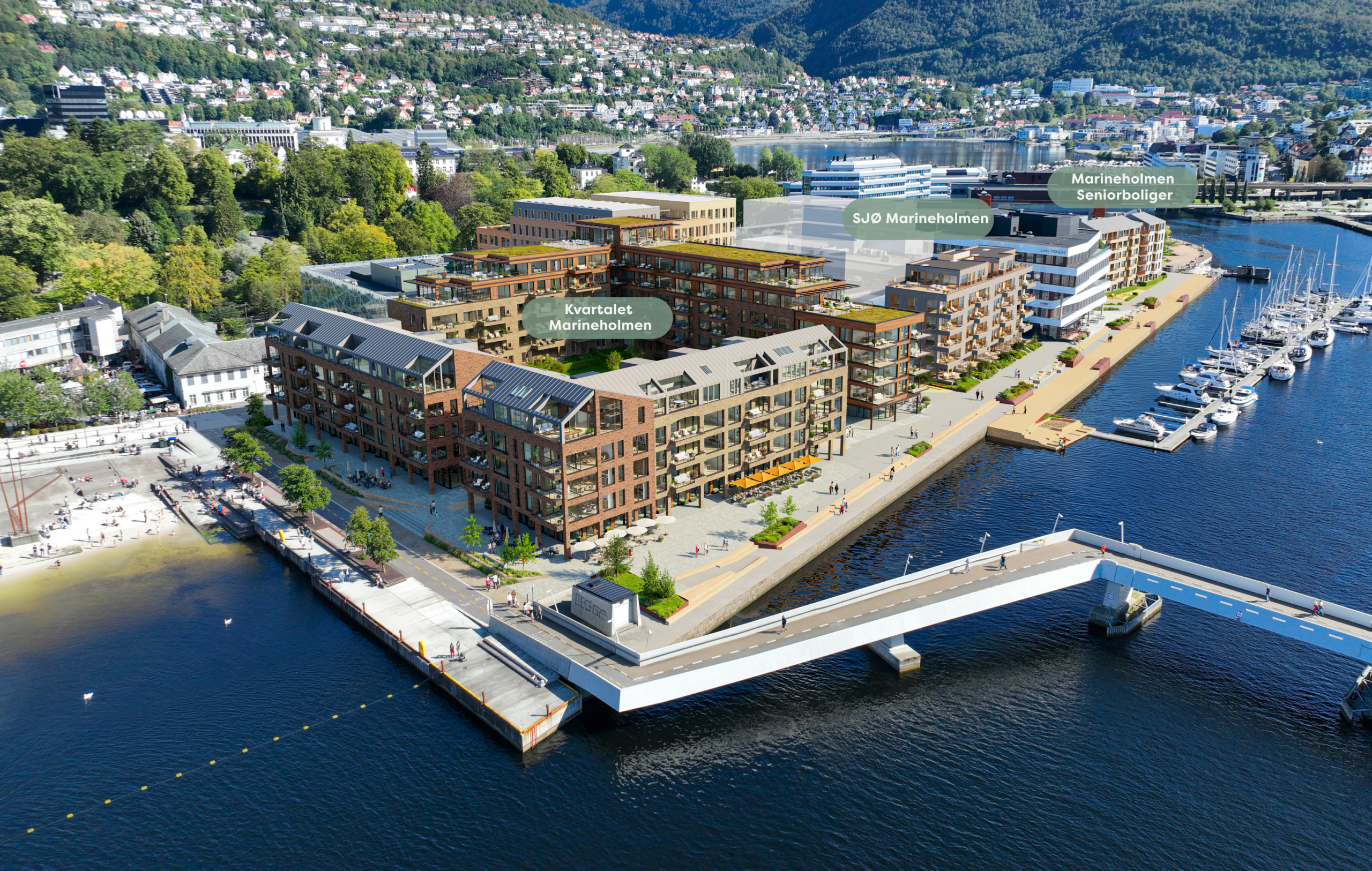 Illustrasjon som viser hvordan kvartalet marineholmen, marineholmen sjø og marineholmen seniorboliger.